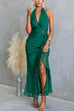 Halter Open Back Gold Buckle Detail Ruffle Slit Maxi Dress