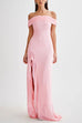 Margovil Off Shoulder Back Cut Out Ruffle Slit Maxi Dress