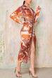 Margovil V Neck Long Sleeves Ruched Slit Printed Midi Dress