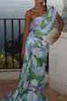 One Shoulder Ruched Floral Print Maxi Party Dress