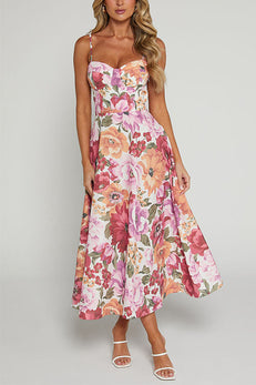 Spaghetti Strap High Waist Floral Print Midi Dress