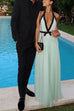 Margovil Deep V Neck Halter Backless Color Block Bow Maxi Dress