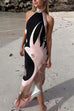 Margovil Halter Neck Open Back Asymmetric Hem Printed Satin Midi Dress