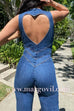Margovil Zip Up Sleeveless Heart Back Bell Bottom Denim Jumpsuit