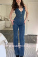 Margovil Zip Up Sleeveless Heart Back Bell Bottom Denim Jumpsuit