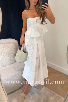 Margovil Lace Hollow Out Ruffle Cami Top and A-line Midi Skirt Set
