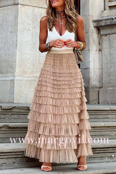 Margovil Ruffle Layered Mesh A-line Long Tulle Skirt
