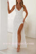 V Neck Double Straps Flower Applique High Slit Maxi Dress