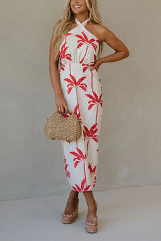 Halter Tie Bow Backless Palm Tree Print Midi Dress