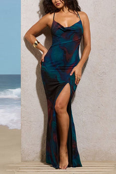 Margovil Cowl Neck Backless Slit Printed Maxi Cami Dress