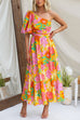 One Shoulder Waisted Floral Print Swing Maxi Holiday Dress