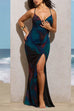 Margovil Cowl Neck Backless Slit Printed Maxi Cami Dress