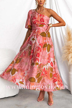 One Shoulder High Waist Floral Print Maxi Swing Dress