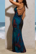 Margovil Cowl Neck Backless Slit Printed Maxi Cami Dress