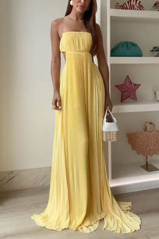 Margovil Spaghetti Strap Back Cut Out Pleated Maxi Dress