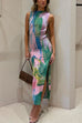 Margovil Sleeveless Side Slit Open Back Colorful Print Maxi Dress