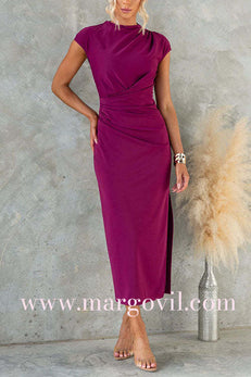 Ruched Cap Sleeve Side Slit Bodycon Midi Dress