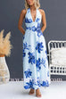 Halter V Neck Back Lace-up Waisted Floral Print Maxi Dress