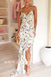 Spaghetti Strap Ruffle Trim Slit Floral Print Maxi Dress