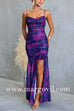 Spaghetti Strap Ruched Slit Floral Print Maxi Dress