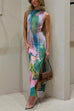 Margovil Sleeveless Side Slit Open Back Colorful Print Maxi Dress