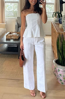 Strapless Ruffle Top and Wide Leg Pants Set