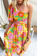 One Shoulder Waisted Floral Print Swing Maxi Holiday Dress