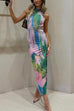 Margovil Sleeveless Side Slit Open Back Colorful Print Maxi Dress