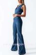Margovil Zip Up Sleeveless Heart Back Bell Bottom Denim Jumpsuit