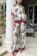 V Neck Short Sleeves Floral Print Satin Shirt