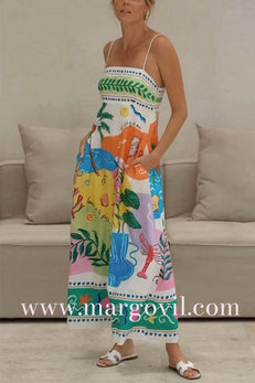 Margovil Spaghetti Strap High Waist Tropic Print Maxi Holiday Dress