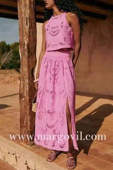 Margovil Lace Hollow Out Slit A-line Maxi Skirt