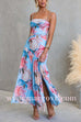 Strappy Ruched Waist Slit Floral Print Maxi Dress