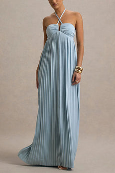 Criss Cross Halter Cut Out Pleated Swing Maxi Dress