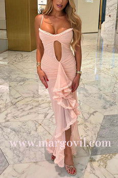 Margovil Spaghetti Strap Cut Out Ruffle Trim Bodycon Maxi Dress