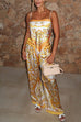 Resort Baroque Print Elastic Waist Wide Leg Satin Pants