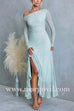 Asymmetric Shoulder Long Sleeves Slit Ruffle Maxi Dress