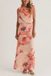 Cowl Neck Sleeveless Crop Top and Maxi Skirt Floral Print Set