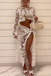 Margovil Long Sleeves Crop Top and Tie Waist Wrap Maxi Skirt Lace Set