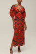 Margovil Knot Front Cut Out Puff Sleeves Side Slit Printed Midi Dress