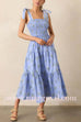 Tie Shoulder Smocked Ruffle Tiered Floral Print Midi Dress