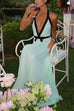 Margovil Deep V Neck Halter Backless Color Block Bow Maxi Dress