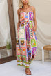V Neck Tie Waist Wide Leg Aztec Print Cami Jumpsuit