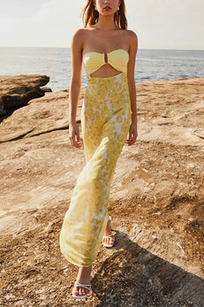 Margovil Strapless Tie Back Cut Out Floral Print Maxi Dress
