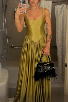 U Neck Sleeveless Pleated Satin Maxi Dress