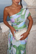 One Shoulder Ruched Floral Print Maxi Party Dress