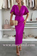 Margovil V Neck Twist Front Waisted Satin Midi Dress