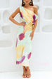 Asymmetric Shoulder Waisted Tie Dye Slit Maxi Dress