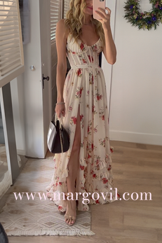 Margovil Spaghetti Strap Ruffle Layered Slit Dainty Floral Maxi Dress