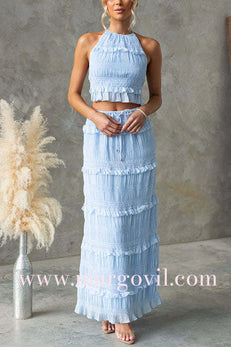 Margovil Frill Trim Halter Backless Crop Top and Drawstring Waist Maxi Skirt Set